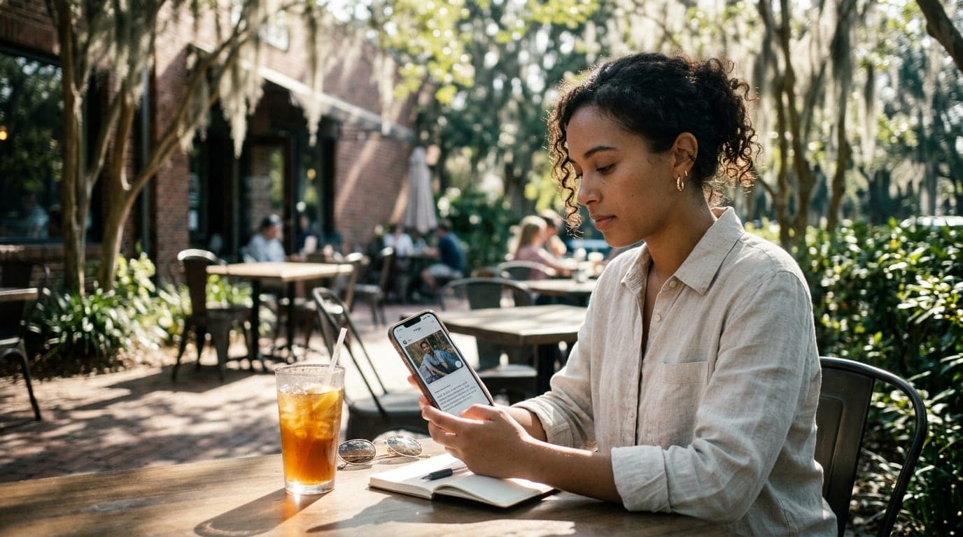 A young professional in a linen shirt sits alone at an outdoor Tallahassee cafe table, scrolling a Hinge profile on a smar...