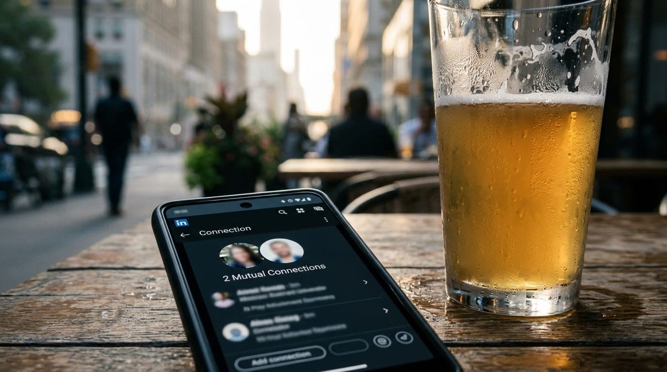 An extreme close-up of a smartphone screen showing a mutual friend connection on a LinkedIn profile, resting beside a swea...