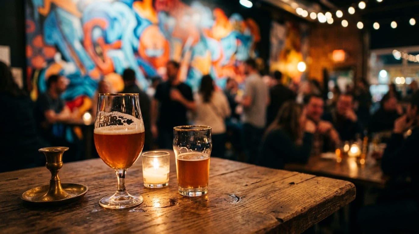 A medium shot at a candle-lit brewery table, offset left. Two half-poured local craft beers sit on a rustic wooden surface...