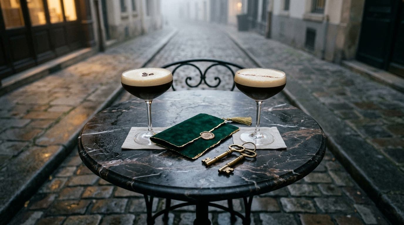 Overhead flat-lay, overcast morning light. Two polished brass speakeasy keys and a folded velvet reservation card rest on...