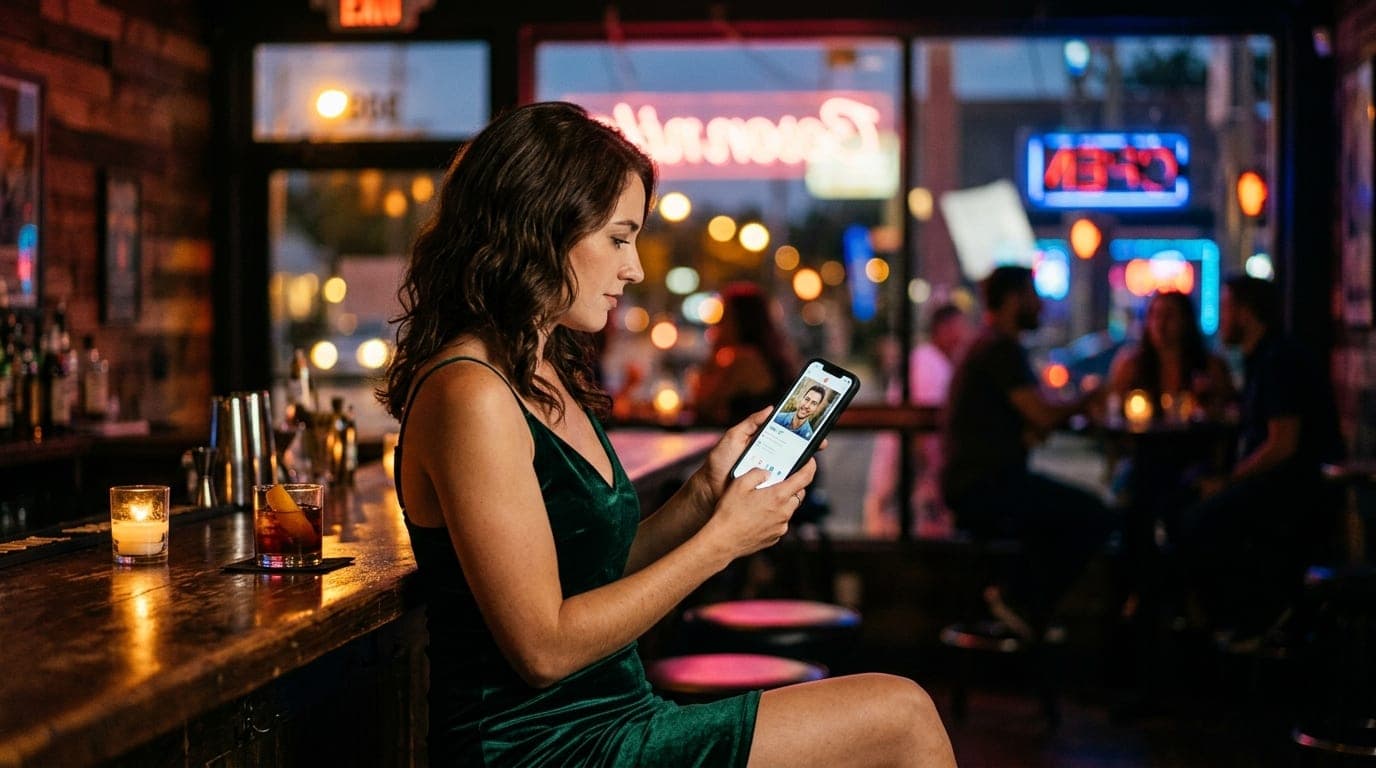 A woman in a velvet slip dress sits at a dark Seminole Heights bar, holding a smartphone showing a dating profile. Shallow...