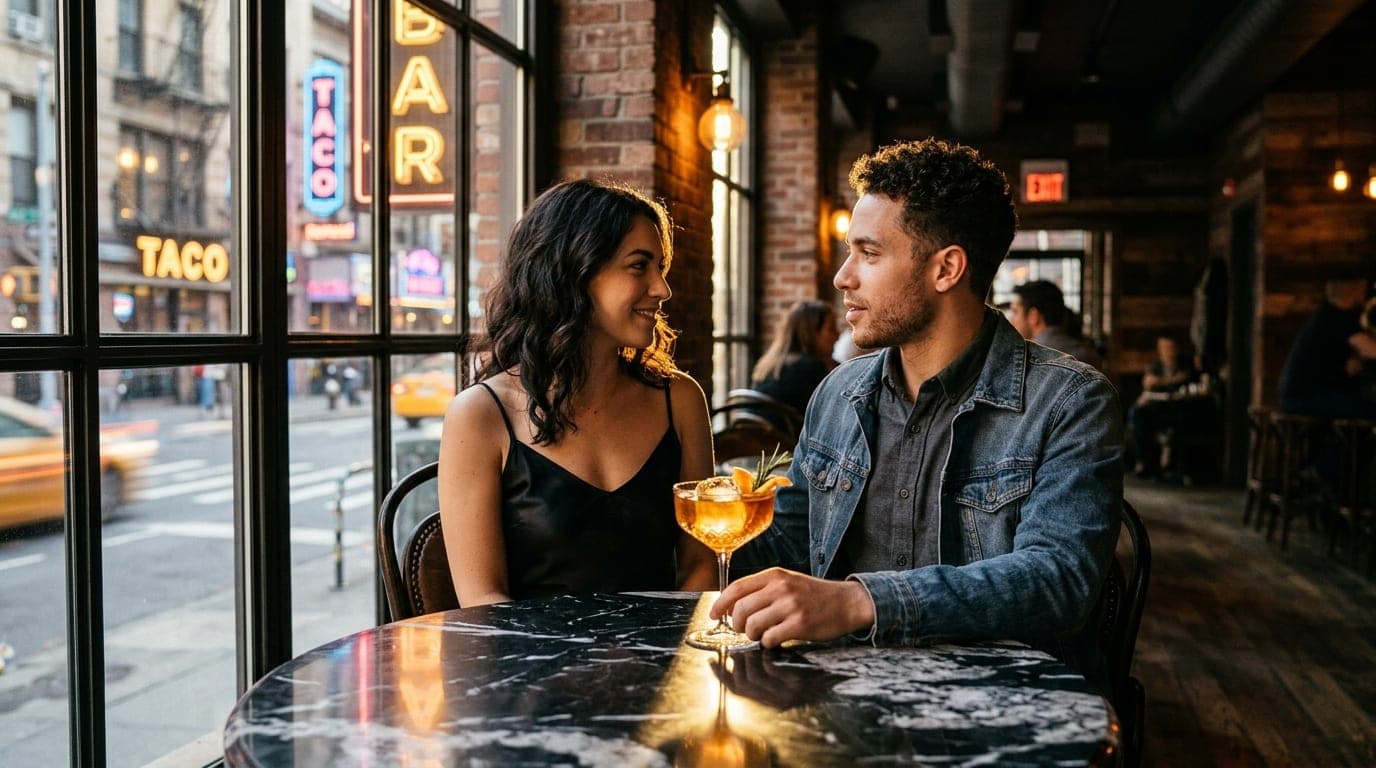 A couple sits across from each other at a polished marble table inside a dimly lit Downtown lounge. A single craft cocktai...
