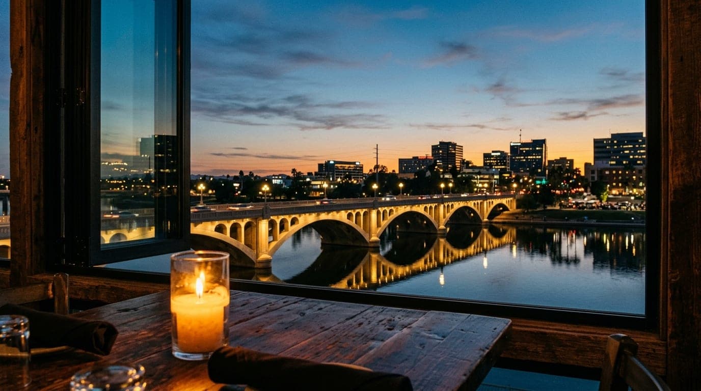 A warm, candle-lit wooden table in the foreground holds a flickering flame, framing a 50mm view of the illuminated Mill Av...