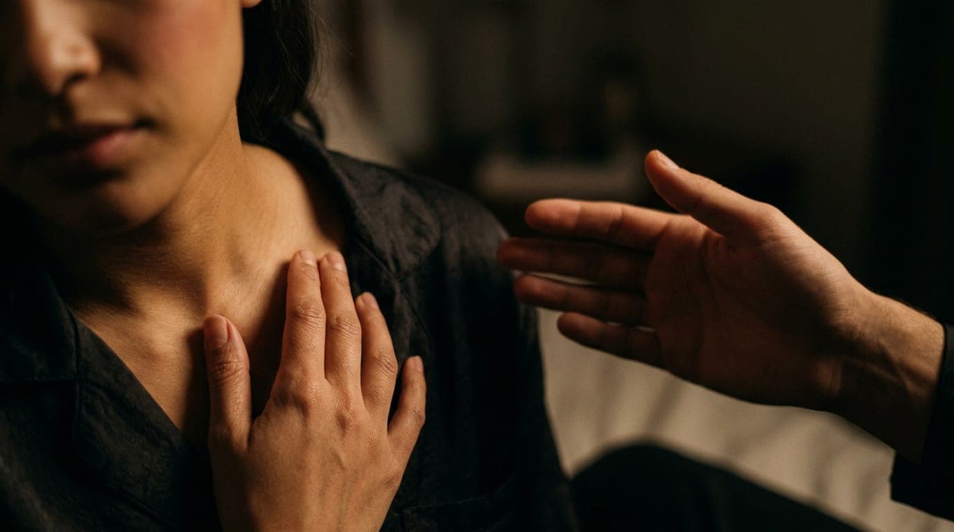 A close-up of a person’s hand gently resting on their own collarbone, fingertips pressing into the skin, while a partner’s...