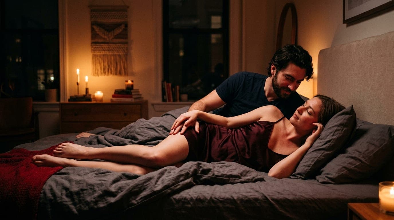 A wide, warm-toned shot of a couple in a dim bedroom. A woman reclines on rumpled charcoal sheets, hand guiding her partne...
