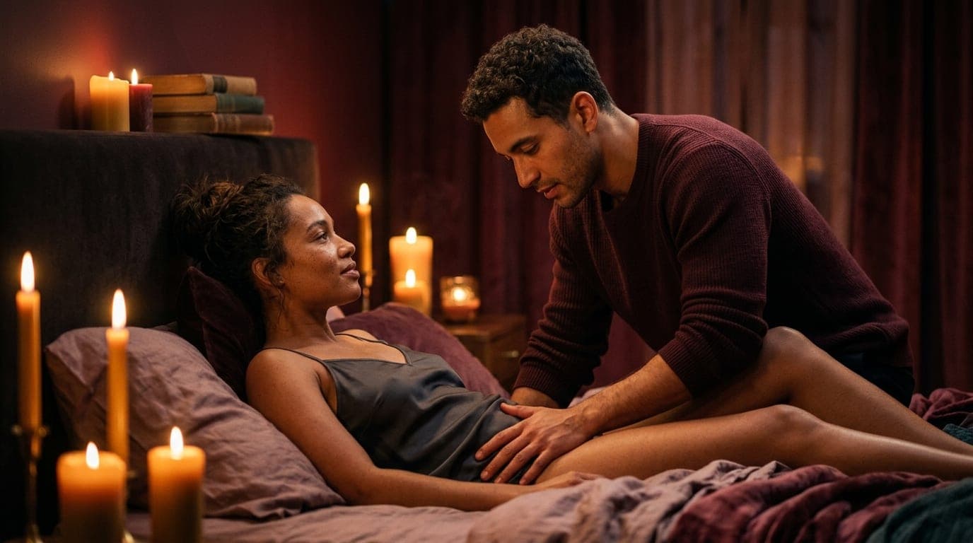 A medium shot of an ethnically diverse couple in a candlelit room. The partner leans over, hand positioned to apply firm,...