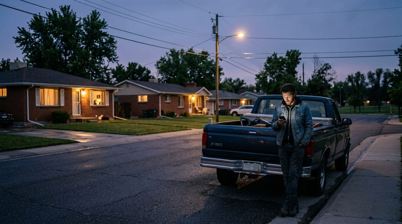 A wide 35mm establishing shot of a quiet Thornton cul-de-sac at night. A lone man in a denim jacket leans against a parked...