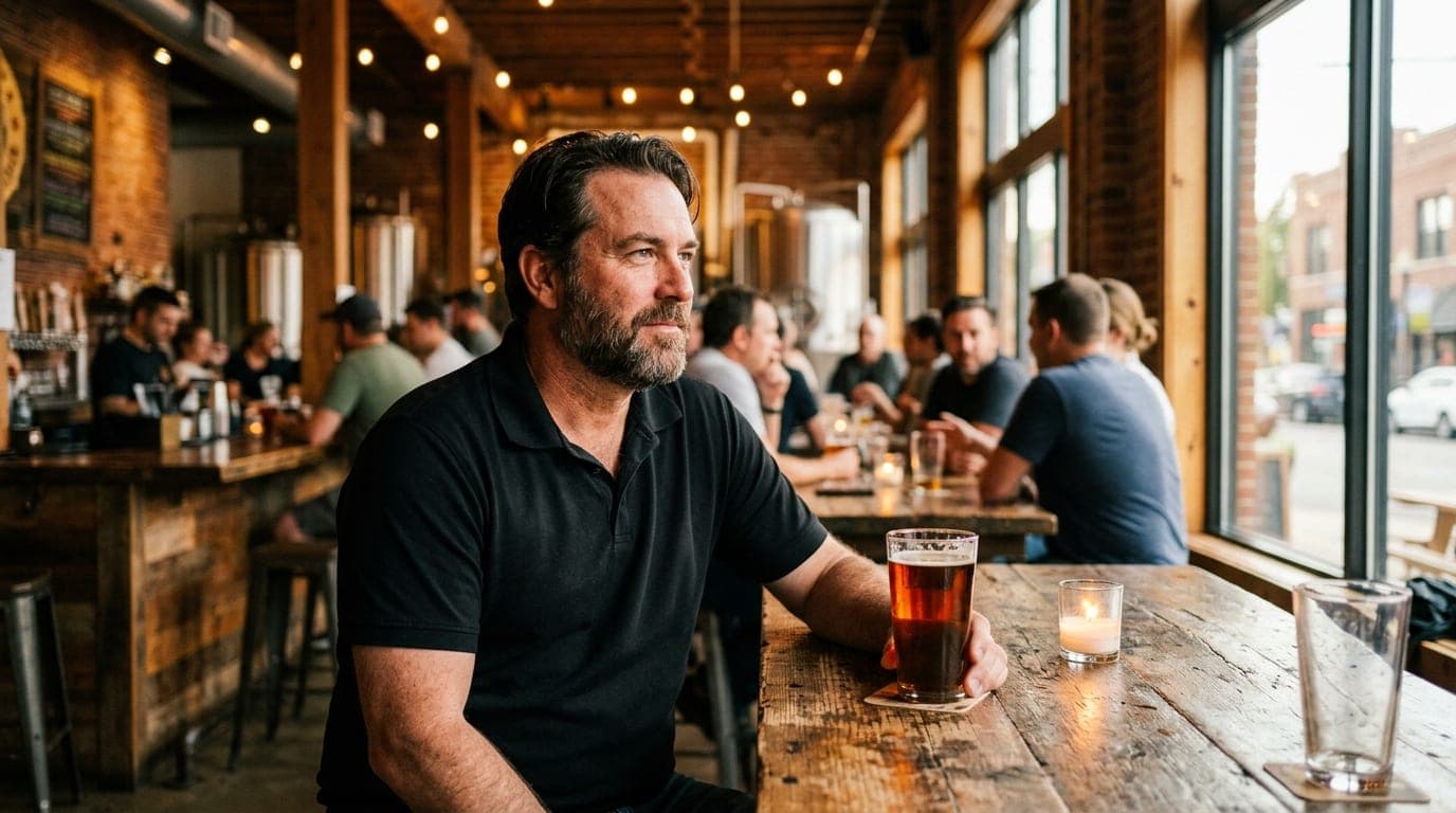 An 85mm medium shot of a man in a black polo shirt sitting offset left at a rustic wood table in a brewery. A pint of beer...