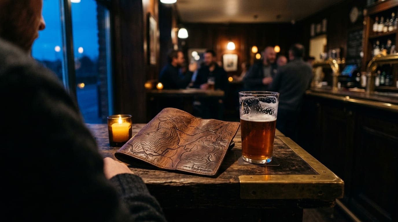 Over-the-shoulder macro view at a dimly lit bar, focusing on a leather trail map beside a half-filled pint of craft beer,...