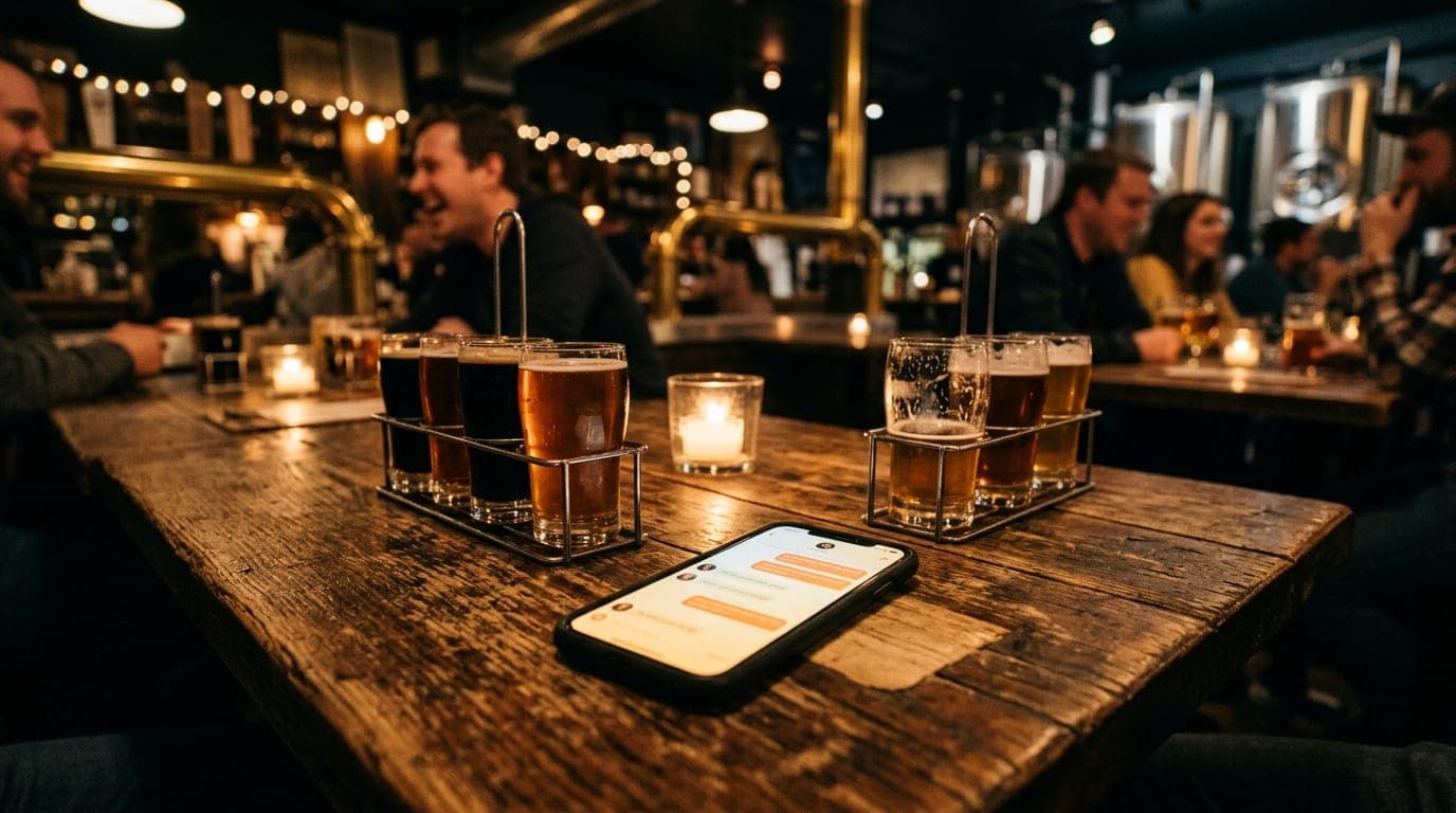Low-angle hero shot of a rustic wooden table at Satire Brewing Company. Two amber beer flights sit beside a glowing smartp...