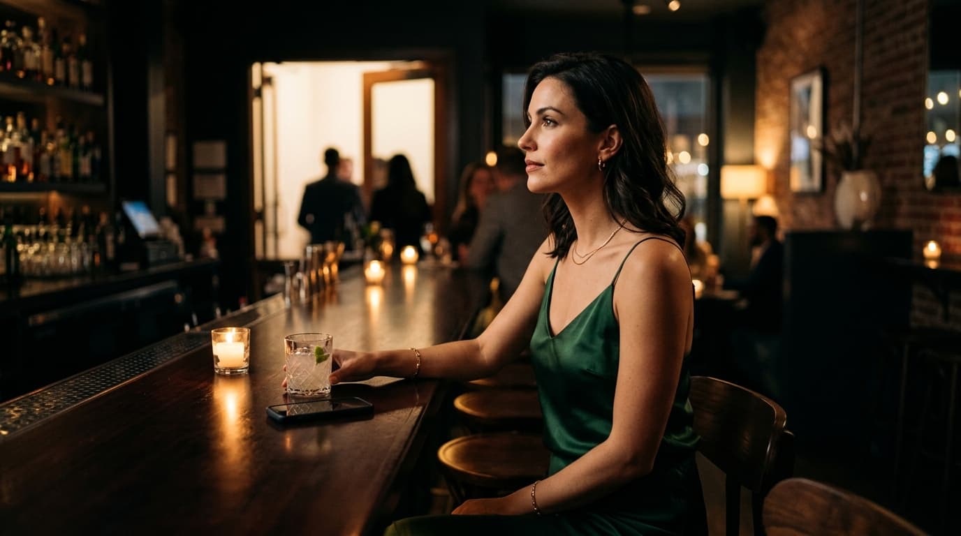 A woman in a silk camisole sits at a dark mahogany bar, her phone screen dark. Candlelight catches her profile as she glan...