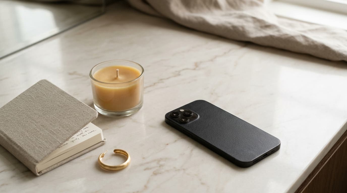 A medium shot of a sleek smartphone face-down on a marble vanity, beside an unlit beeswax candle, a small notebook with a...