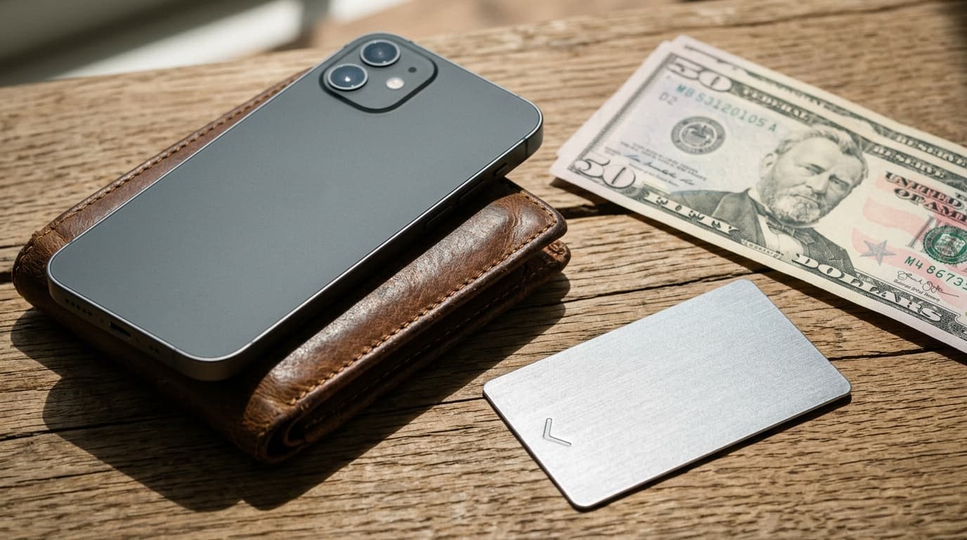 A sleek smartphone lies face-down on a textured leather wallet next to two crisp fifty-dollar bills and a silver subscript...