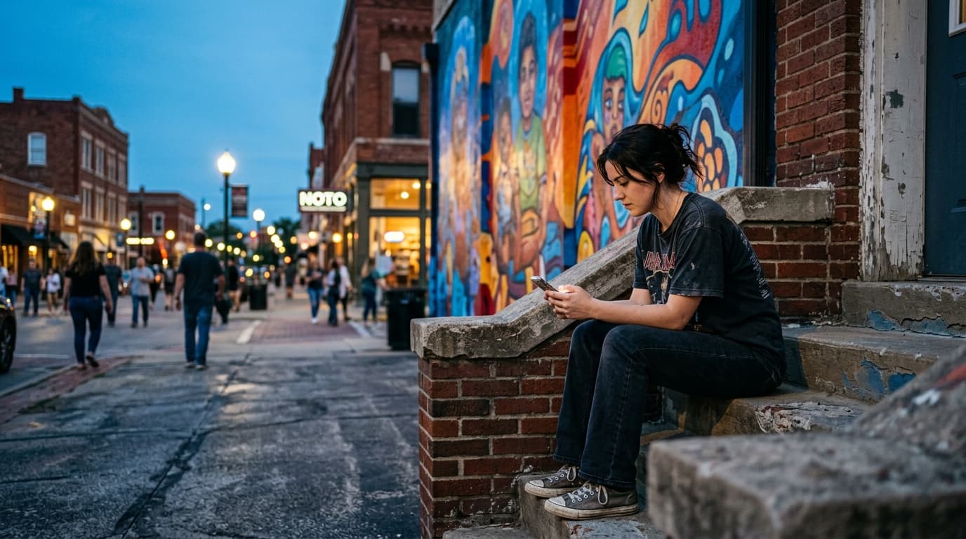 A woman in a vintage band t-shirt sits on a concrete stoop in the NOTO Arts District at blue hour, looking at a phone whil...