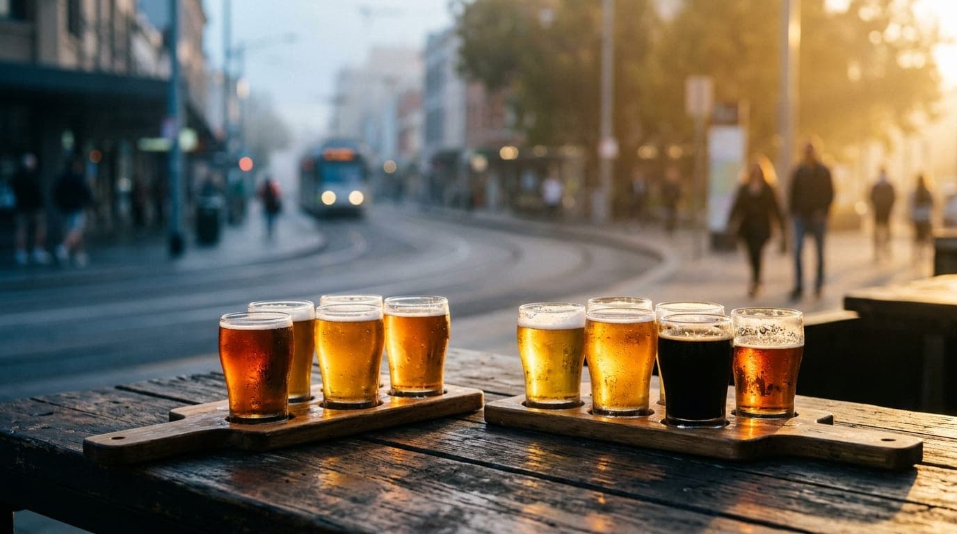 A close-up of two amber craft beer flights resting on a weathered industrial wooden table. Golden hour light catches the c...
