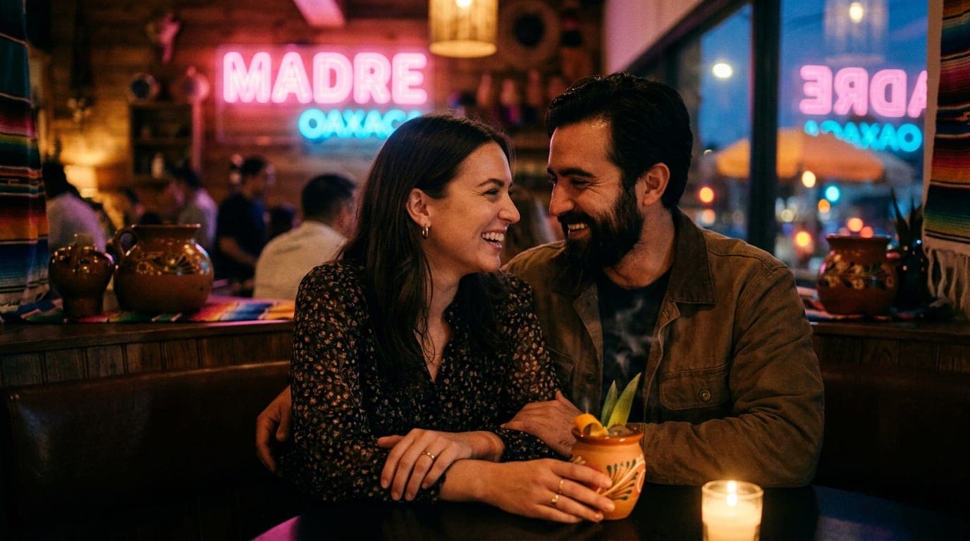 A couple sits close at a dimly lit Madre Oaxacan booth, hands near a glowing mezcal cocktail. A blurred, moody backdrop of...