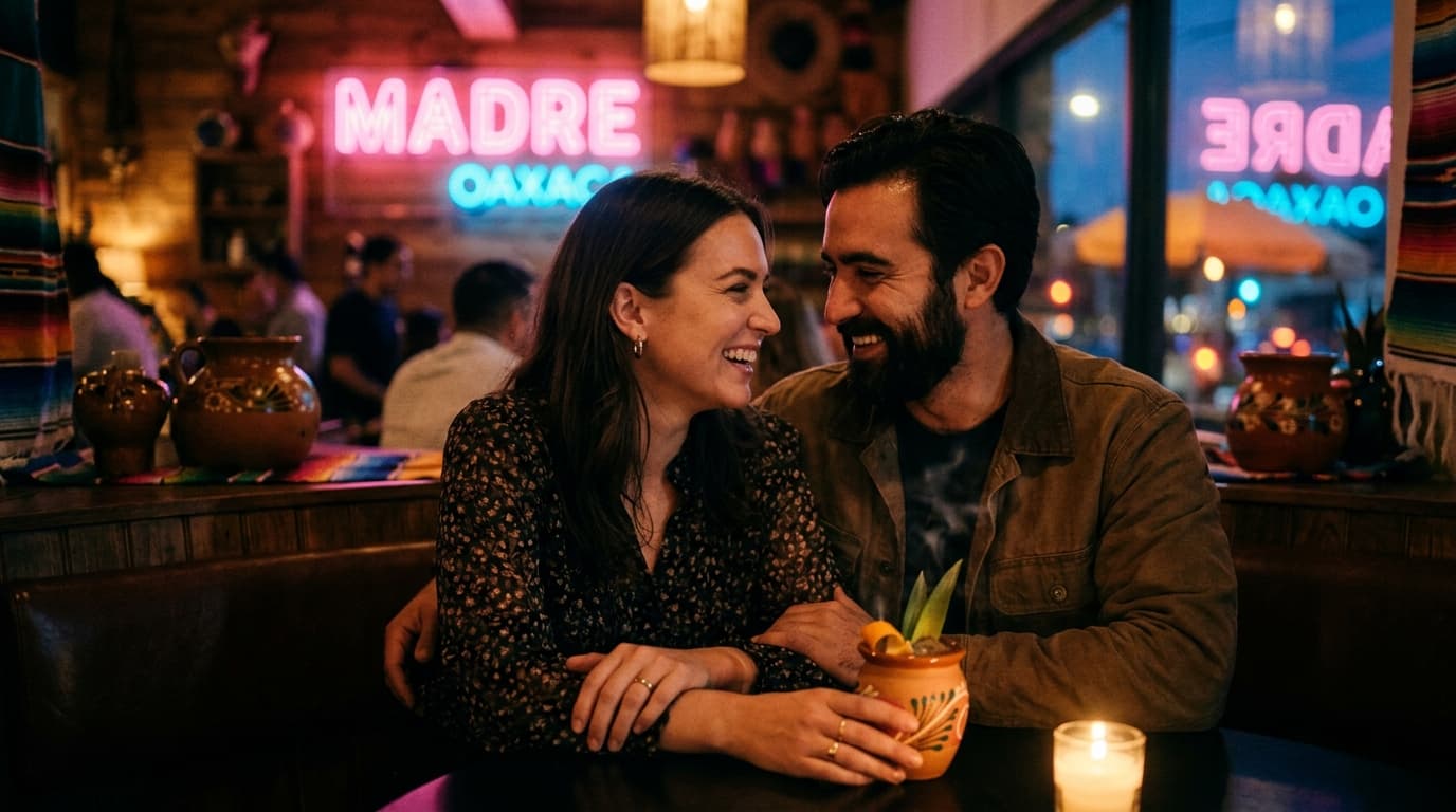 A couple sits close at a dimly lit Madre Oaxacan booth, hands near a glowing mezcal cocktail. A blurred, moody backdrop of...