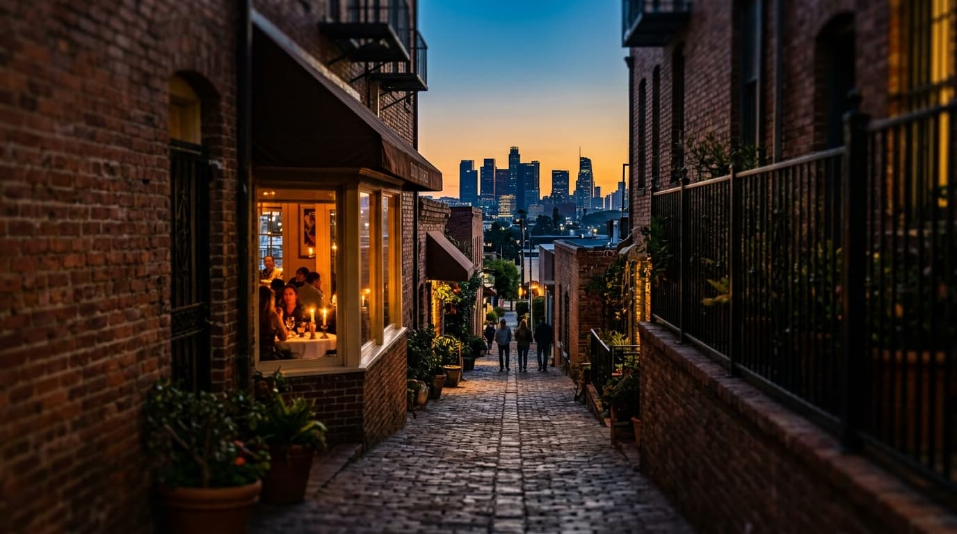 A tilt-shift medium shot of Old Town Torrance at dusk. Flickering candle-light glows from a bistro window, drawing the eye...