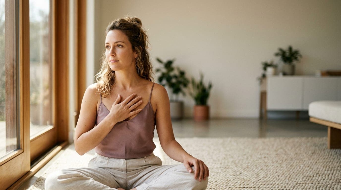 A woman in a silk camisole sits on a minimalist rug, resting her hand over her heart. She gazes out a sunlit window with c...