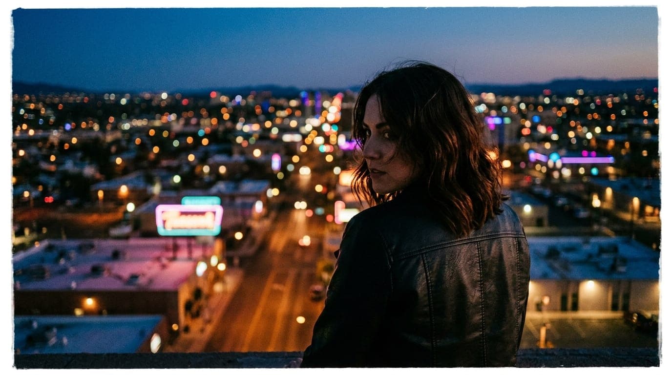A woman in a leather jacket stands on a Downtown rooftop, looking over her shoulder at the shimmering Tucson grid. A blurr...