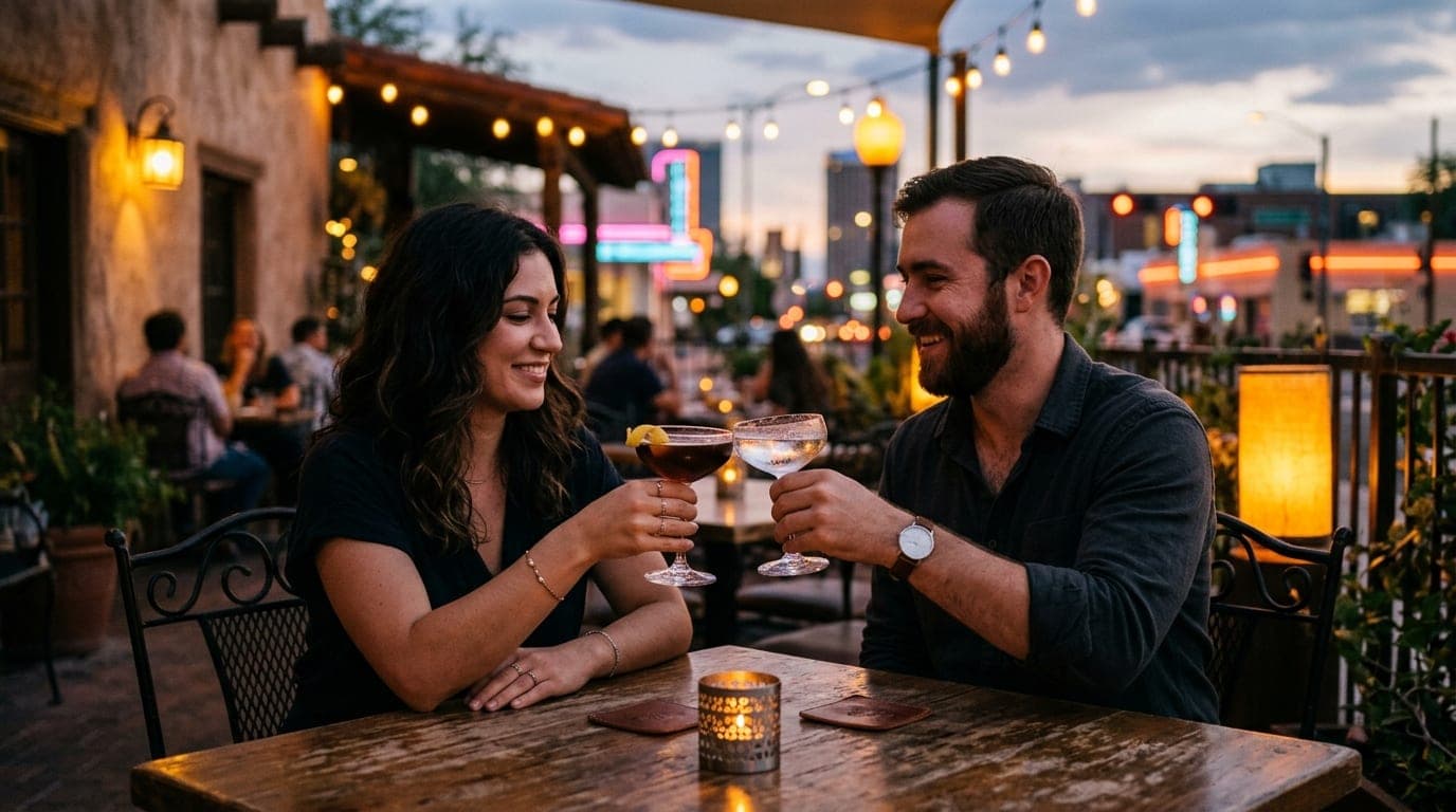 A couple clinks crystal cocktail glasses at a dimly lit outdoor patio table at Mercado San Agustin, the blurred Tucson cit...
