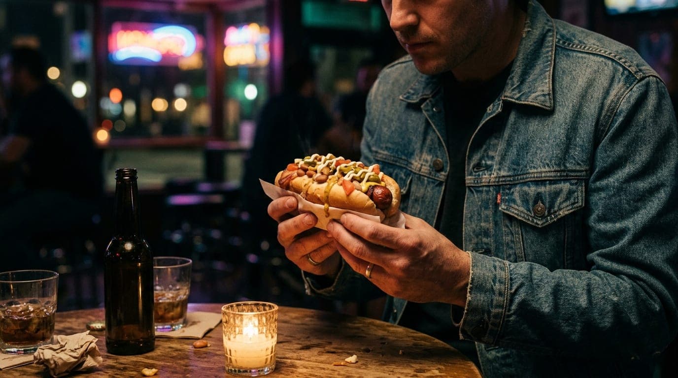 A close-up of a person in a vintage denim jacket holding a dripping Sonoran hot dog, shot in candle-light at a cluttered d...
