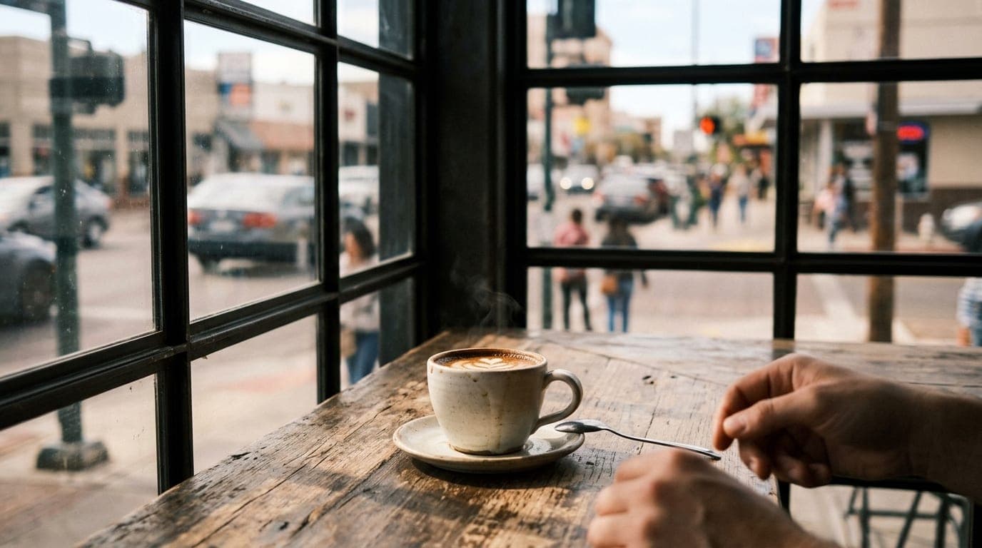 Noon natural light streams through an industrial window at Exo Roast Co., illuminating a steaming ceramic coffee cup resti...