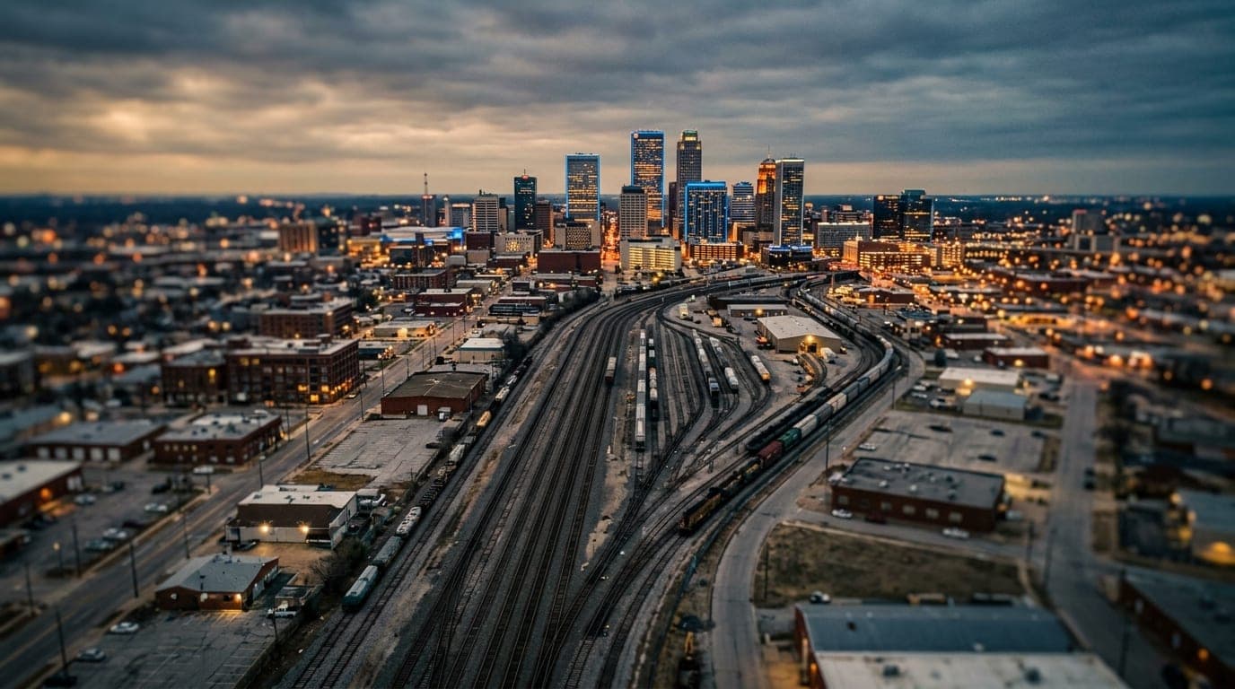 An overhead flat-lay of the Tulsa Arts District at overcast dawn. Tilt-shift selective focus highlights the converging rai...