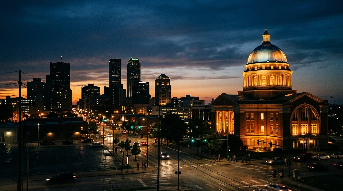 A wide 35mm documentary shot at night showing the illuminated, iconic Blue Dome building offset right, glowing with warm t...