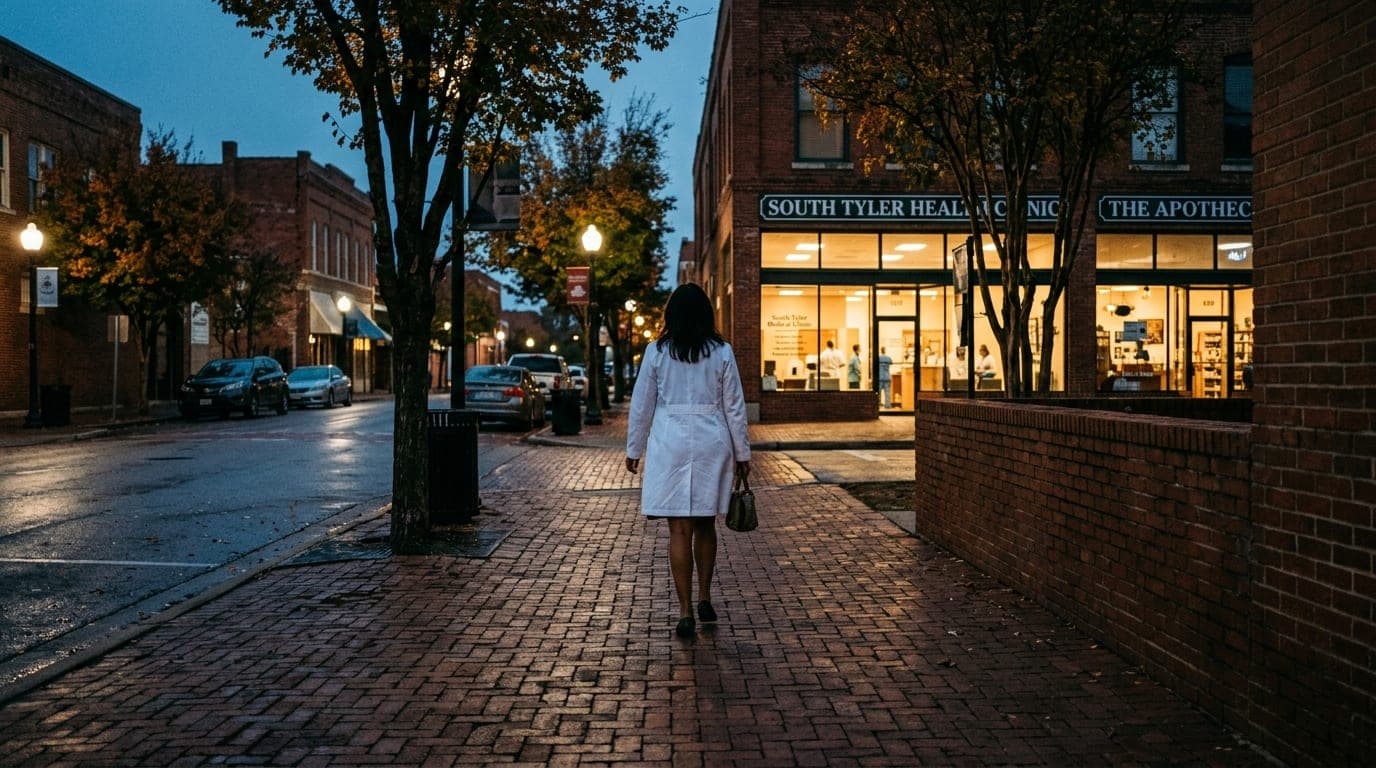 Centered 24mm wide-angle shot of a brick-paved medical district street at blue hour. A lone figure in a crisp white lab co...