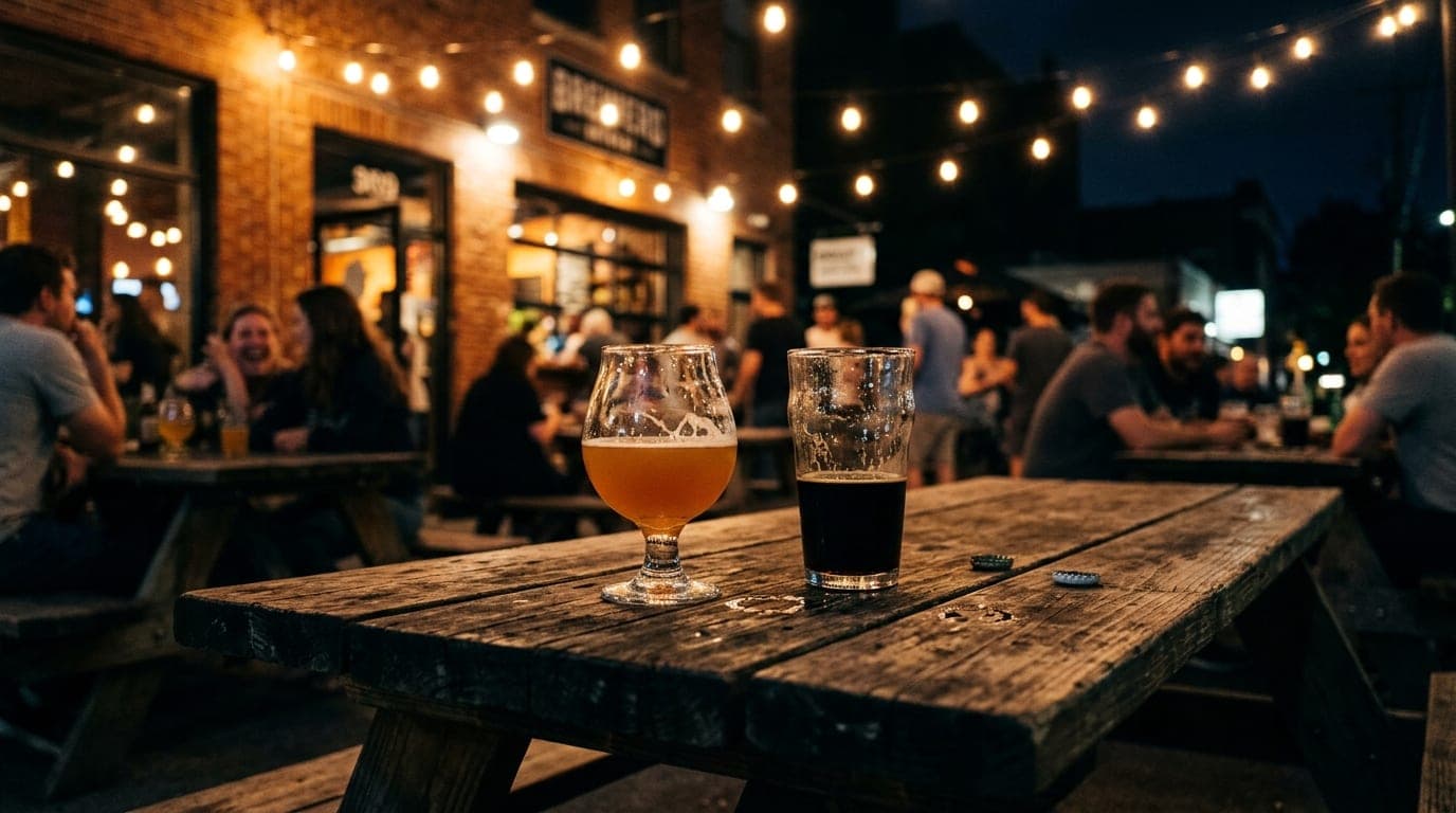 Low-angle hero shot of a weathered picnic table at a downtown brewery. A pair of half-empty craft beer glasses sits in the...