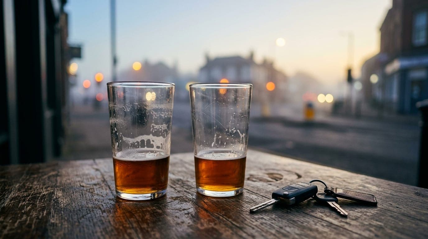 A macro shot at golden hour captures two half-empty pint glasses on a scratched wooden pub table, a pair of car keys resti...