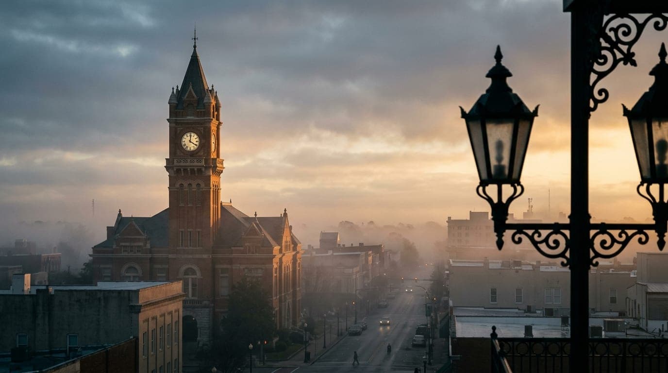 An 85mm portrait shot, offset left, captures the historic Lowndes County Courthouse clock tower rising above misty downtow...