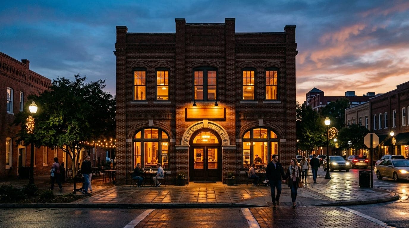 A symmetric 24mm wide-angle shot of the Georgia Beer Co. brick exterior at dusk, glowing with warm tungsten interior light...