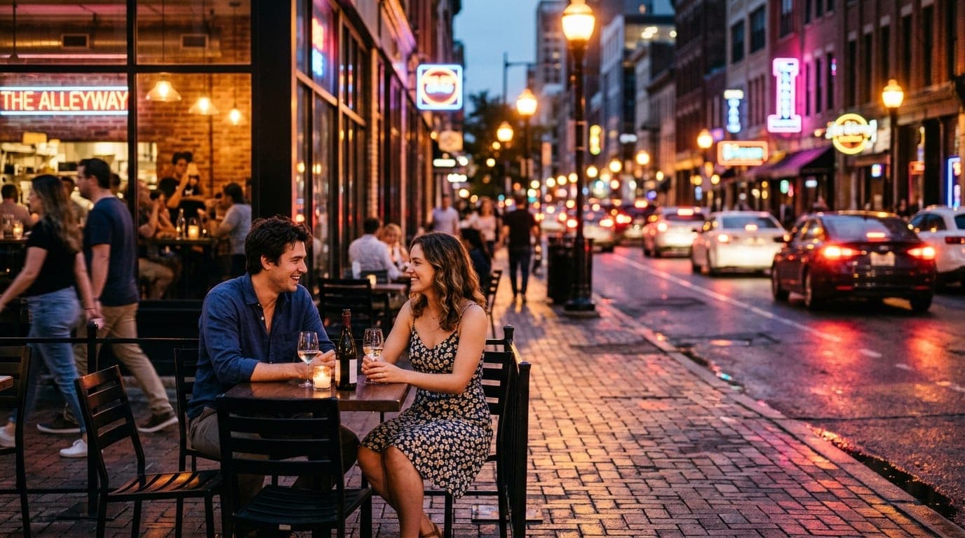 A wide shot shows a couple sitting at a sidewalk bistro table downtown. The man wears a linen shirt; the woman a sundress....