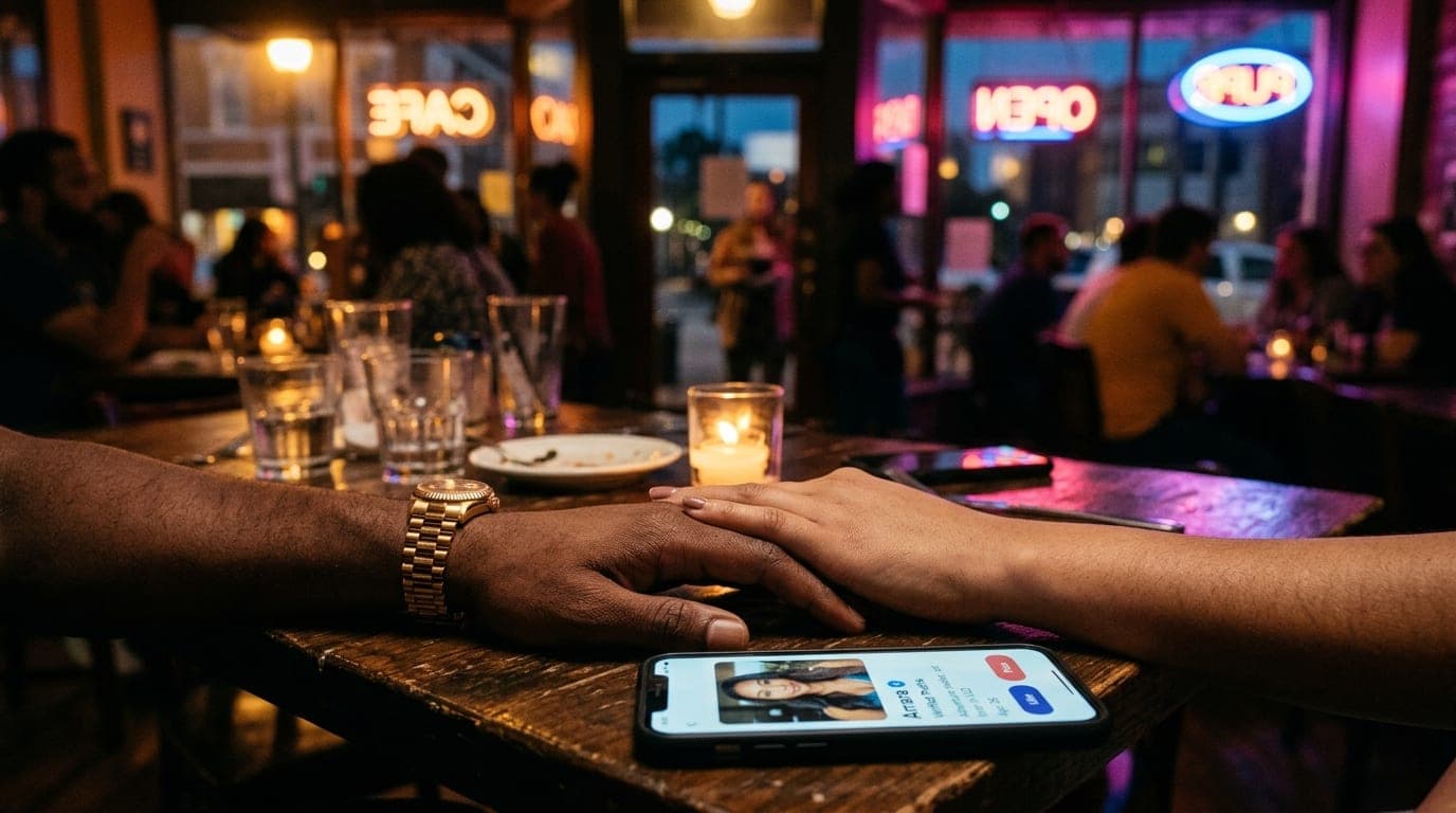 A candle-lit, tight-crop shot of two hands resting on a crowded downtown Valdosta café table; one person wears a gold watc...