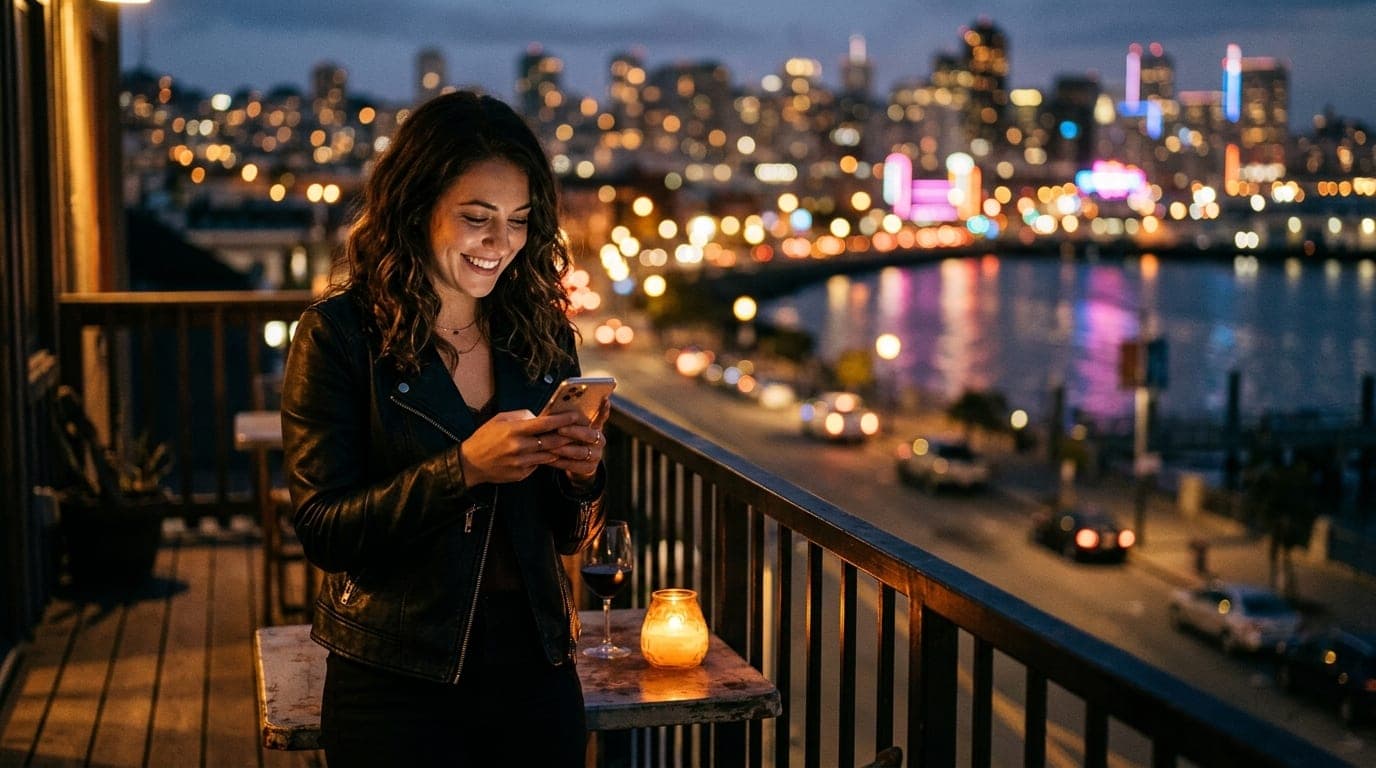 A woman in a leather jacket smiles at her phone, standing on a Vallejo waterfront balcony. Blurred city lights sparkle beh...