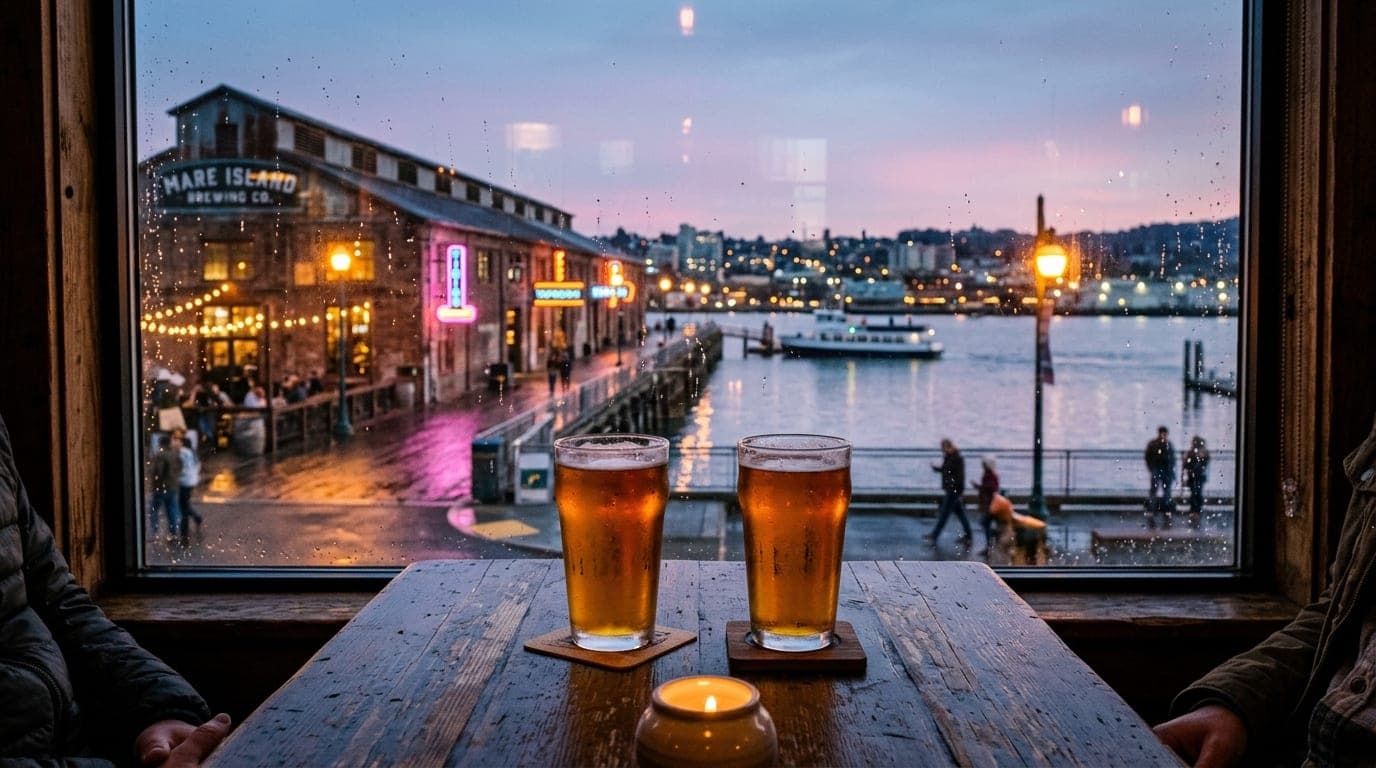 Centered, 24mm wide-angle shot through a sunlit window at Mare Island Brewing. Two chilled craft beer glasses sit on a wea...