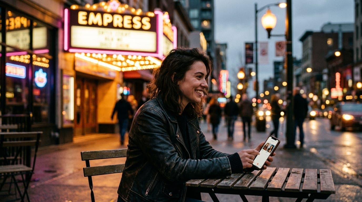 An 85mm portrait with shallow depth of field captures a woman in a casual leather jacket, smiling while holding a smartpho...