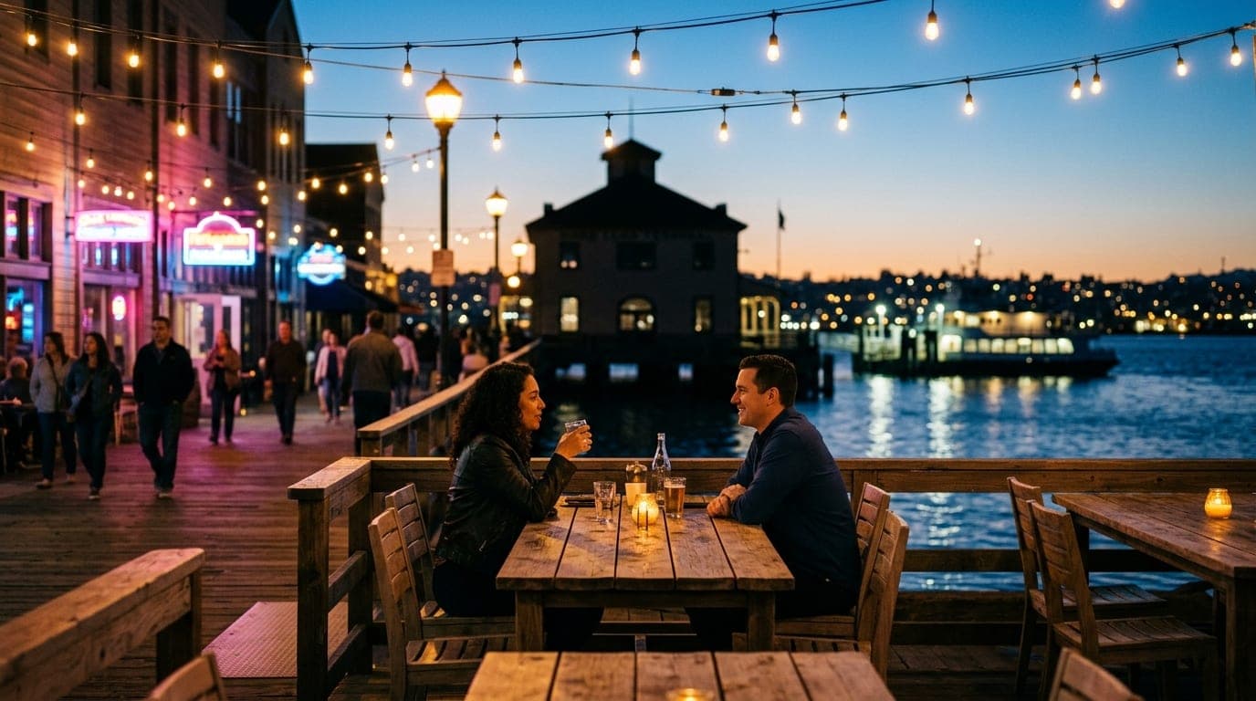A wide, centered 24mm shot of two people sitting at an outdoor wooden table at the Mare Island waterfront. Warm tungsten l...