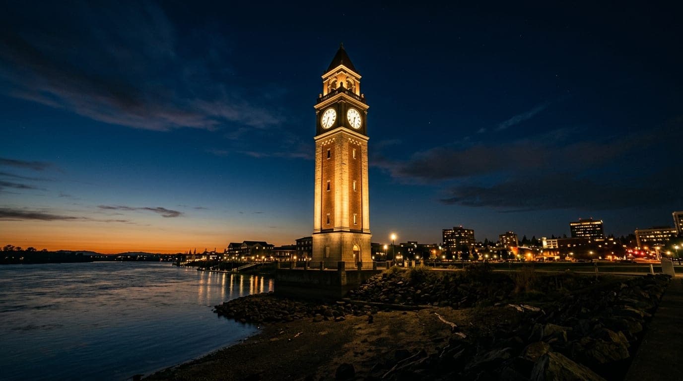 A low-angle, 24mm wide-angle shot centered on the illuminated Vancouver clock tower at midnight, with the dark Columbia Ri...