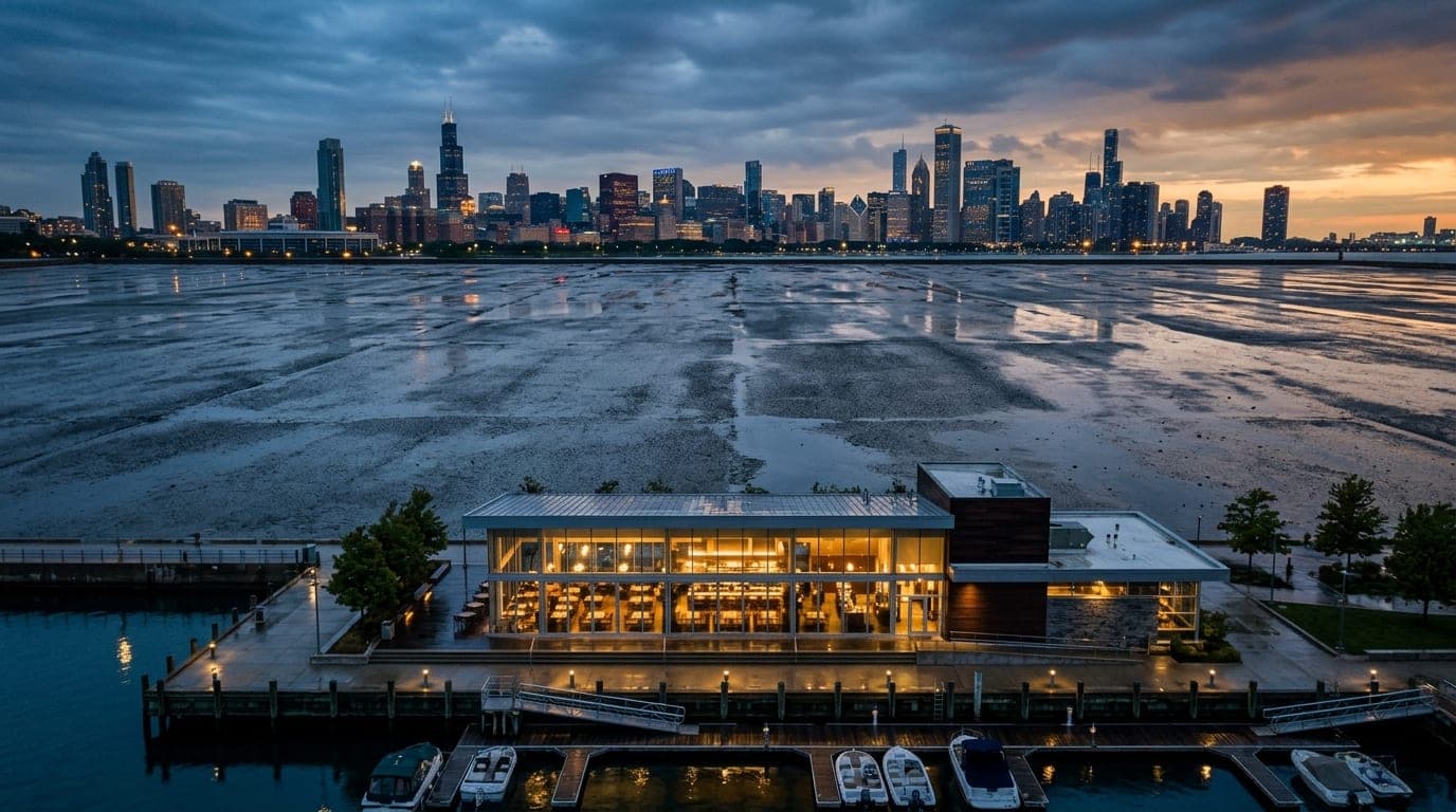 An overhead flat-lay shot captures the sleek, illuminated glass facade of a modern Waterfront District restaurant at overc...