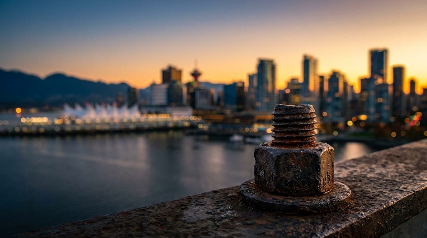 An extreme macro view of a rusted, weathered metal bridge bolt at golden hour. The glowing, blurred Vancouver skyline rise...