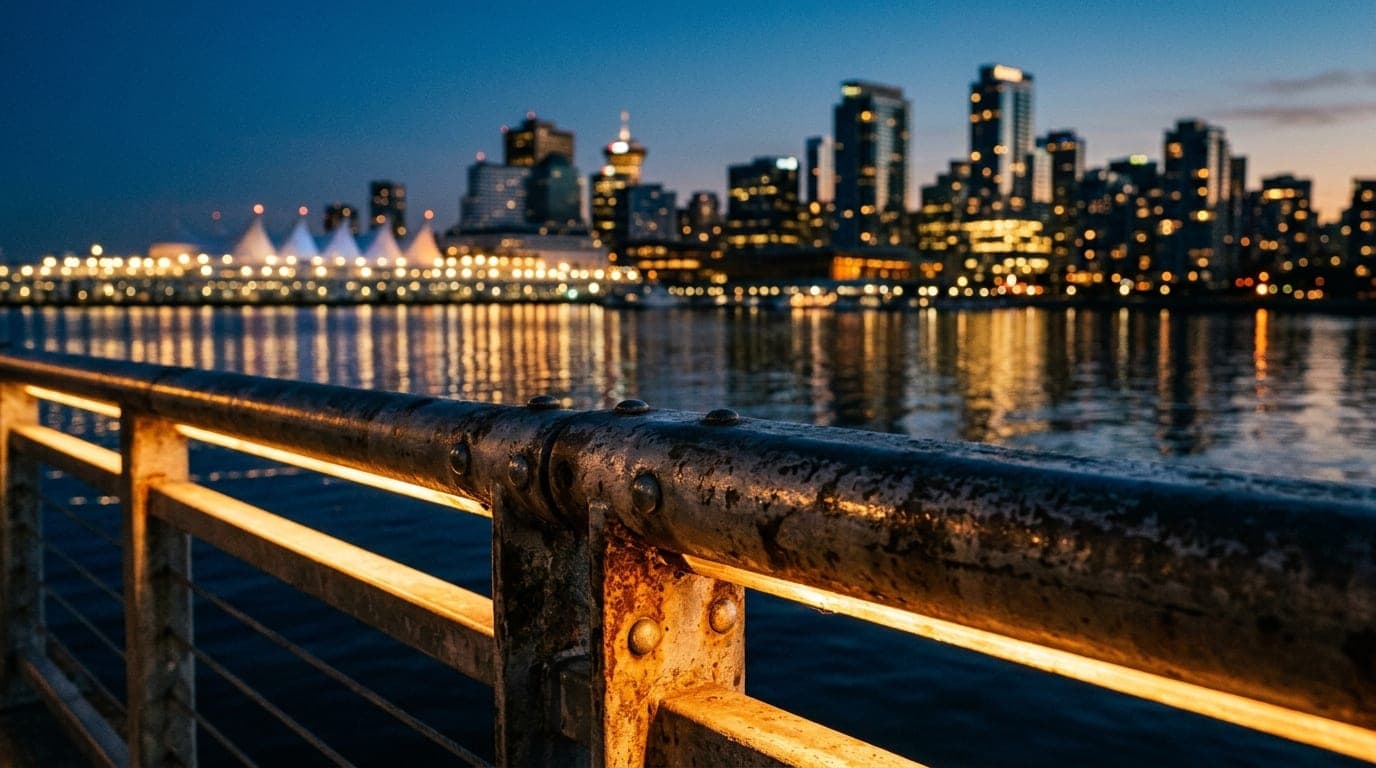 A tight, 100mm macro shot captures the intricate, glowing metal texture of a Waterfront pier railing during blue hour, wit...