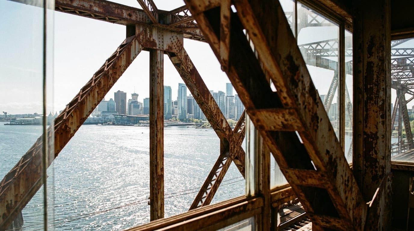 A close-up 35mm documentary shot shows the weathered, rusted metal of a bridge truss framing the downtown Vancouver waterf...