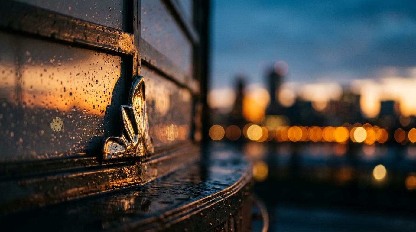 An extreme macro shot captures the glint of golden hour light reflecting off the rain-slicked marquee of the Kiggins Theat...