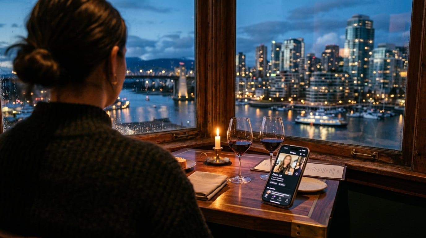 Over-the-shoulder view from a low-lit corner table at The Grant House. A smartphone displaying a Hinge profile rests near...