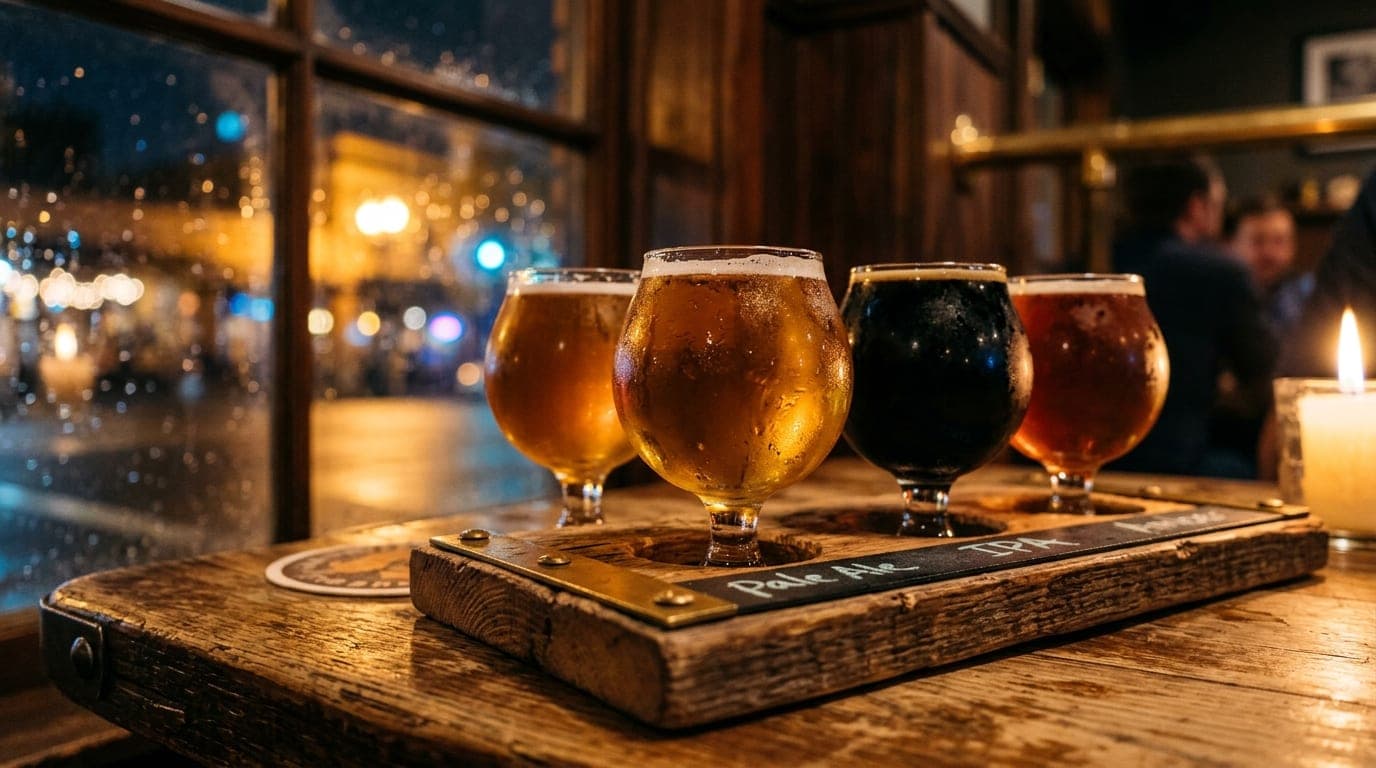 A 100mm macro shot captures a chilled, condensation-slicked craft beer flight on a rustic wooden table at Trap Door Brewin...