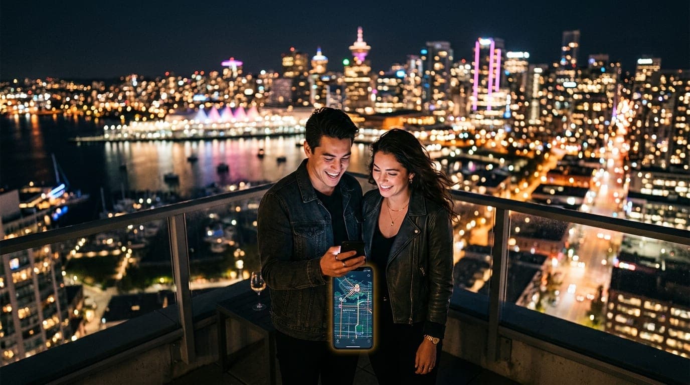 A couple stands on a balcony overlooking the glowing downtown Vancouver skyline. One holds a smartphone displaying a map i...