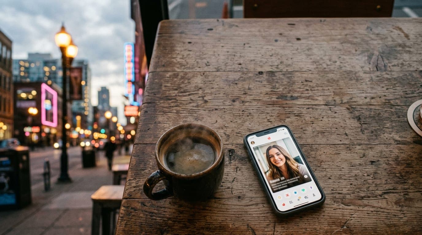 An overhead flat-lay on a rustic wooden cafe table. A steaming ceramic mug sits beside a smartphone displaying a Tinder pr...
